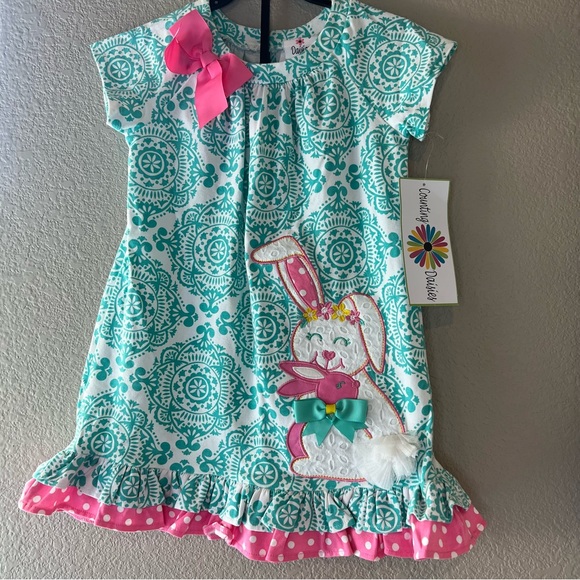 Counting Daisies Turquoise & White Paisley Easter Bunny Dress w/ Pink Ruffles! - Picture 2 of 5